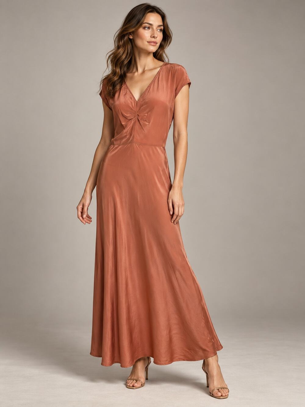 No.6 Store NYC Silk Bias Cut Maxi Dress Dusty Peach Ruched V-Neck Cap Sleeve M